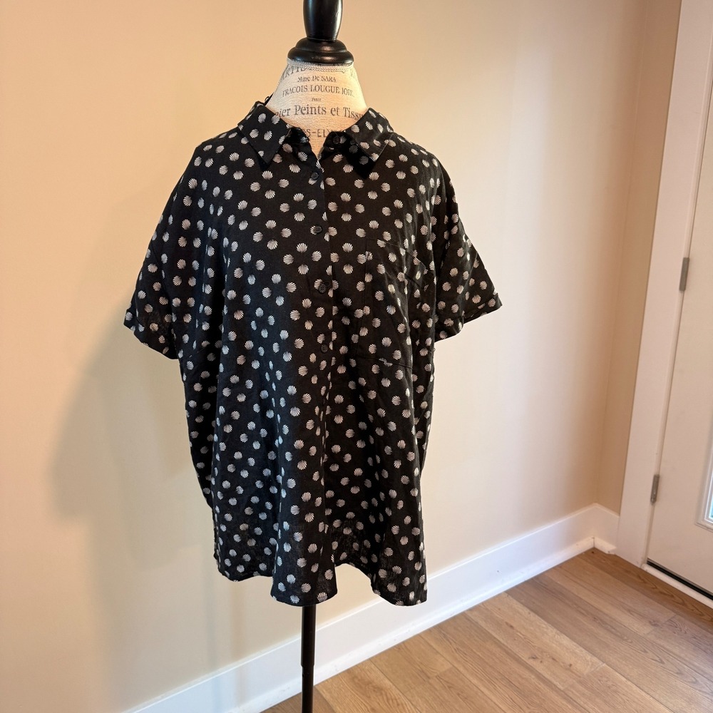 Ava Viv Women's Black/White Shell Linen Blend Short Sleeve Shirt Size 3X NWT